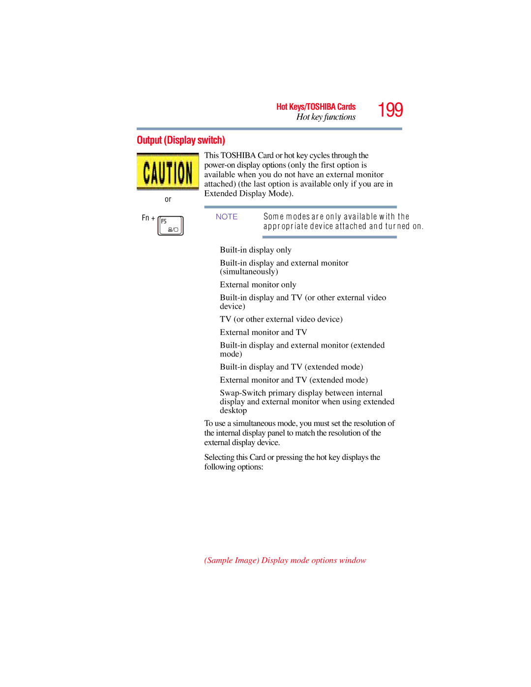 Toshiba L650, L640 manual 199, Output Display switch, Sample Image Display mode options window 