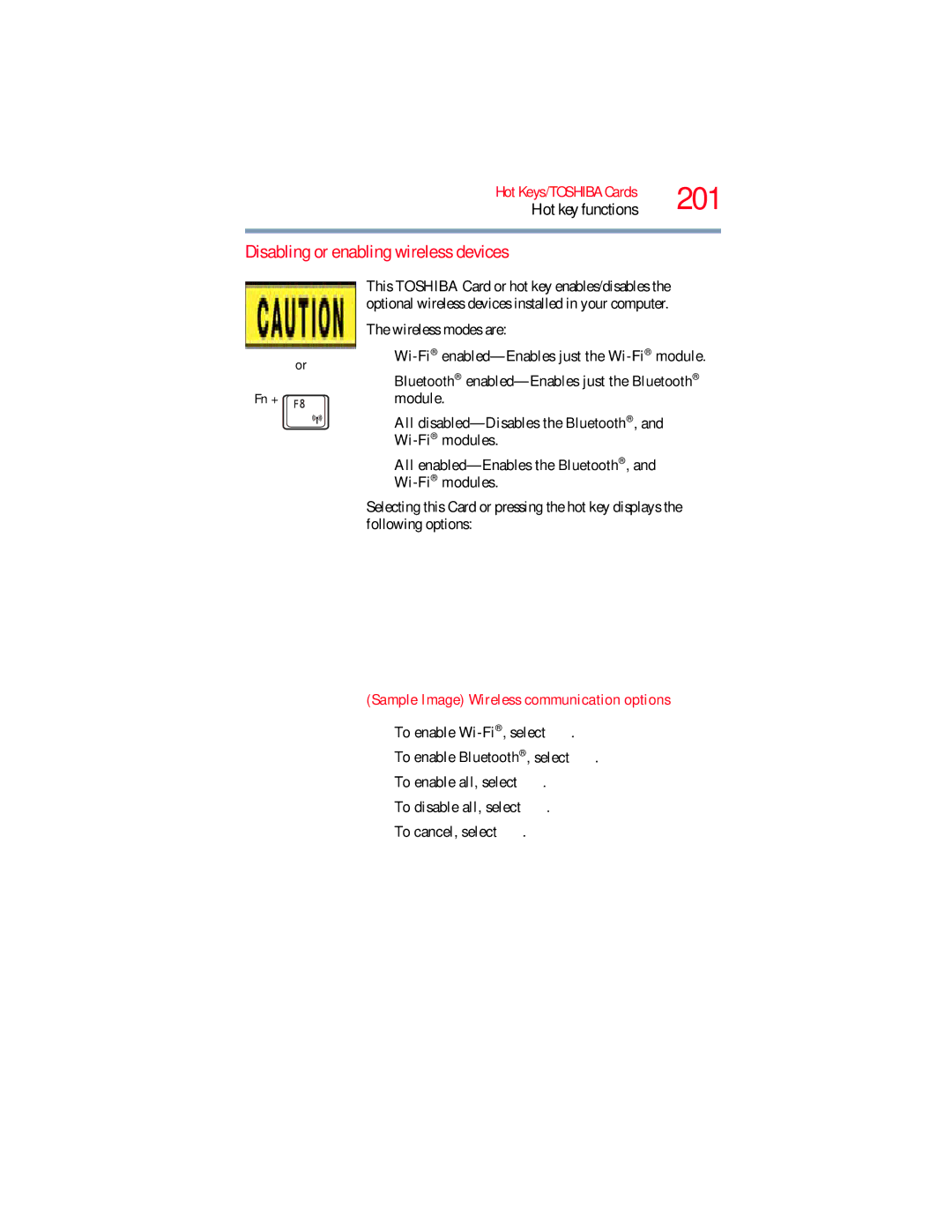 Toshiba L650, L640 manual 201, Disabling or enabling wireless devices, Sample Image Wireless communication options 