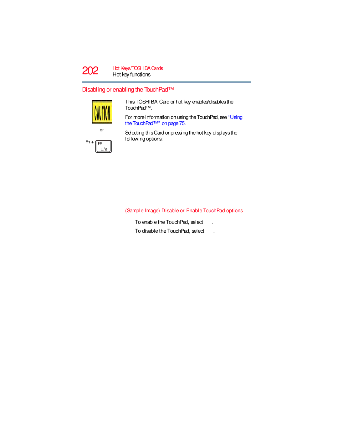 Toshiba L640, L650 manual 202, Sample Image Disable or Enable TouchPad options 
