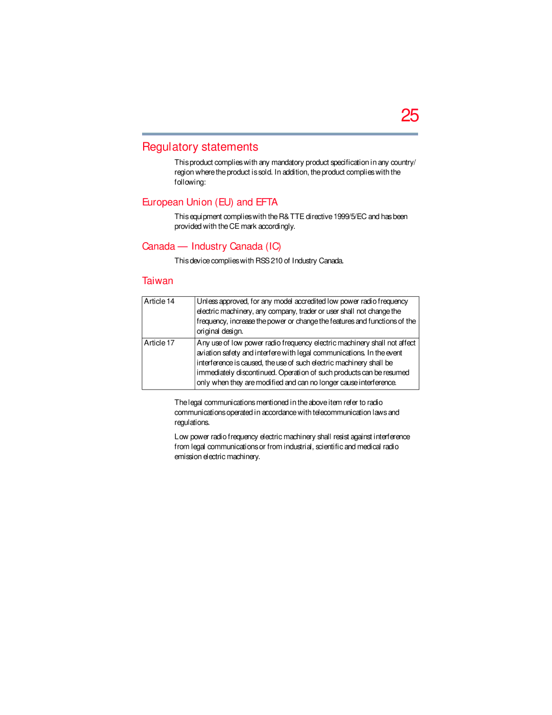 Toshiba L650, L640 manual Regulatory statements, European Union EU and Efta, Canada Industry Canada IC 