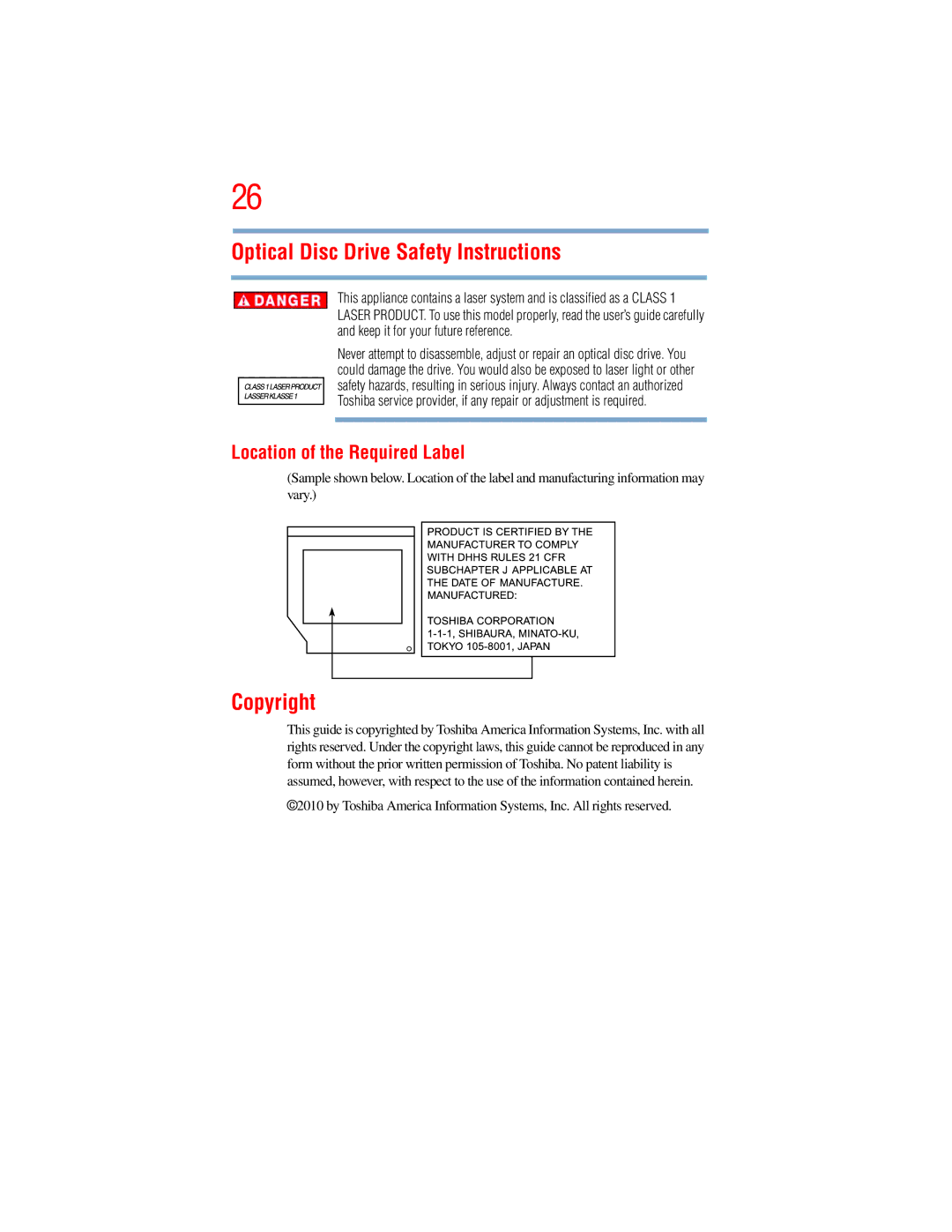 Toshiba L640, L650 manual Optical Disc Drive Safety Instructions, Copyright, Location of the Required Label 