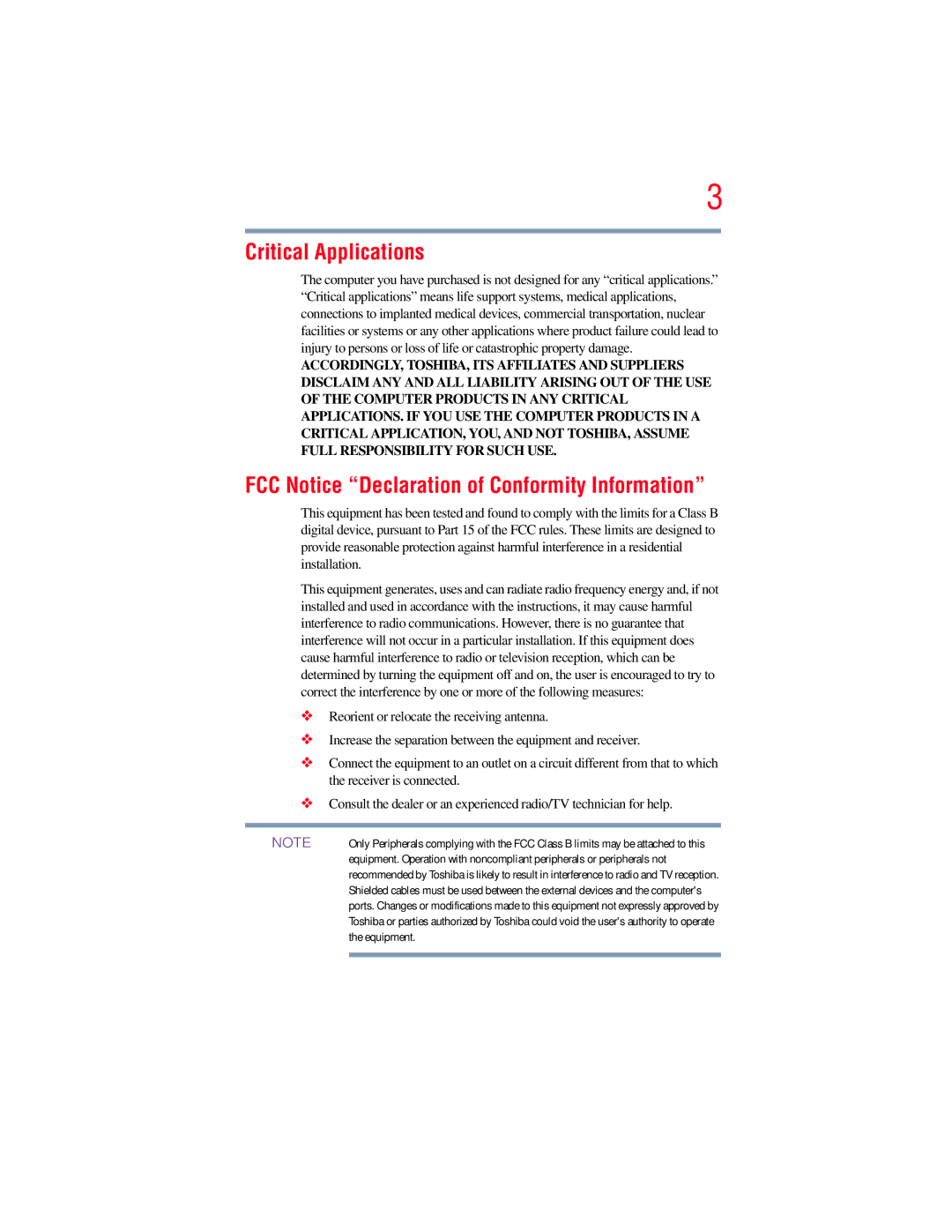 Toshiba L650, L640 manual Critical Applications, FCC Notice Declaration of Conformity Information 