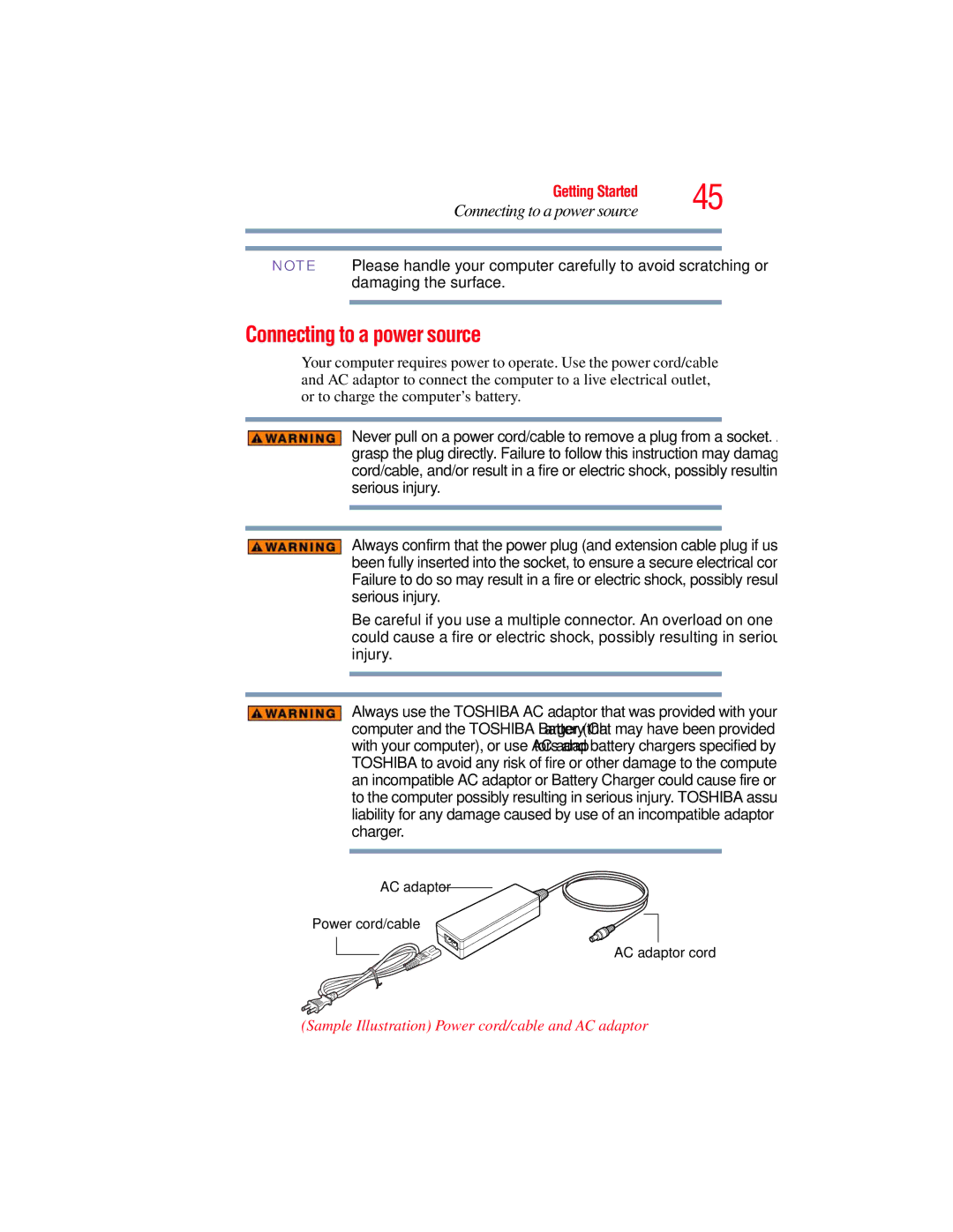 Toshiba L650, L640 manual Connecting to a power source, Sample Illustration Power cord/cable and AC adaptor 