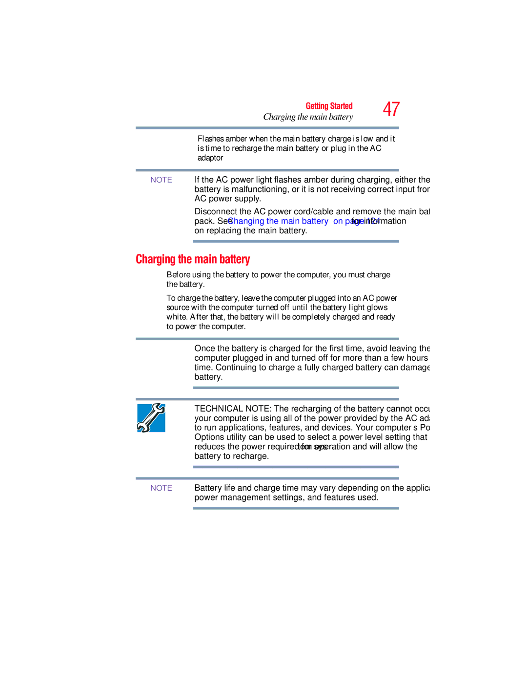 Toshiba L650, L640 manual Charging the main battery 