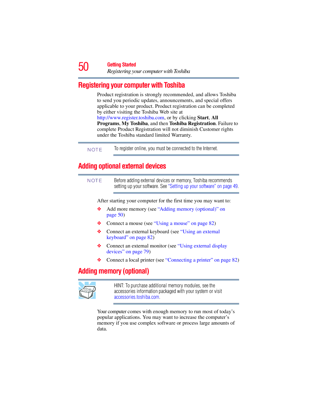 Toshiba L640, L650 manual Registering your computer with Toshiba, Adding optional external devices, Adding memory optional 