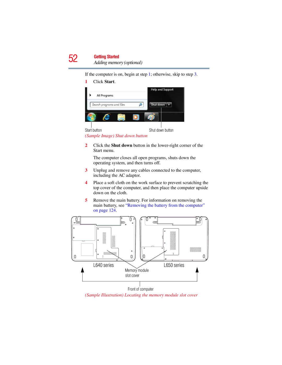 Toshiba L640, L650 manual Adding memory optional, Sample Image Shut down button 