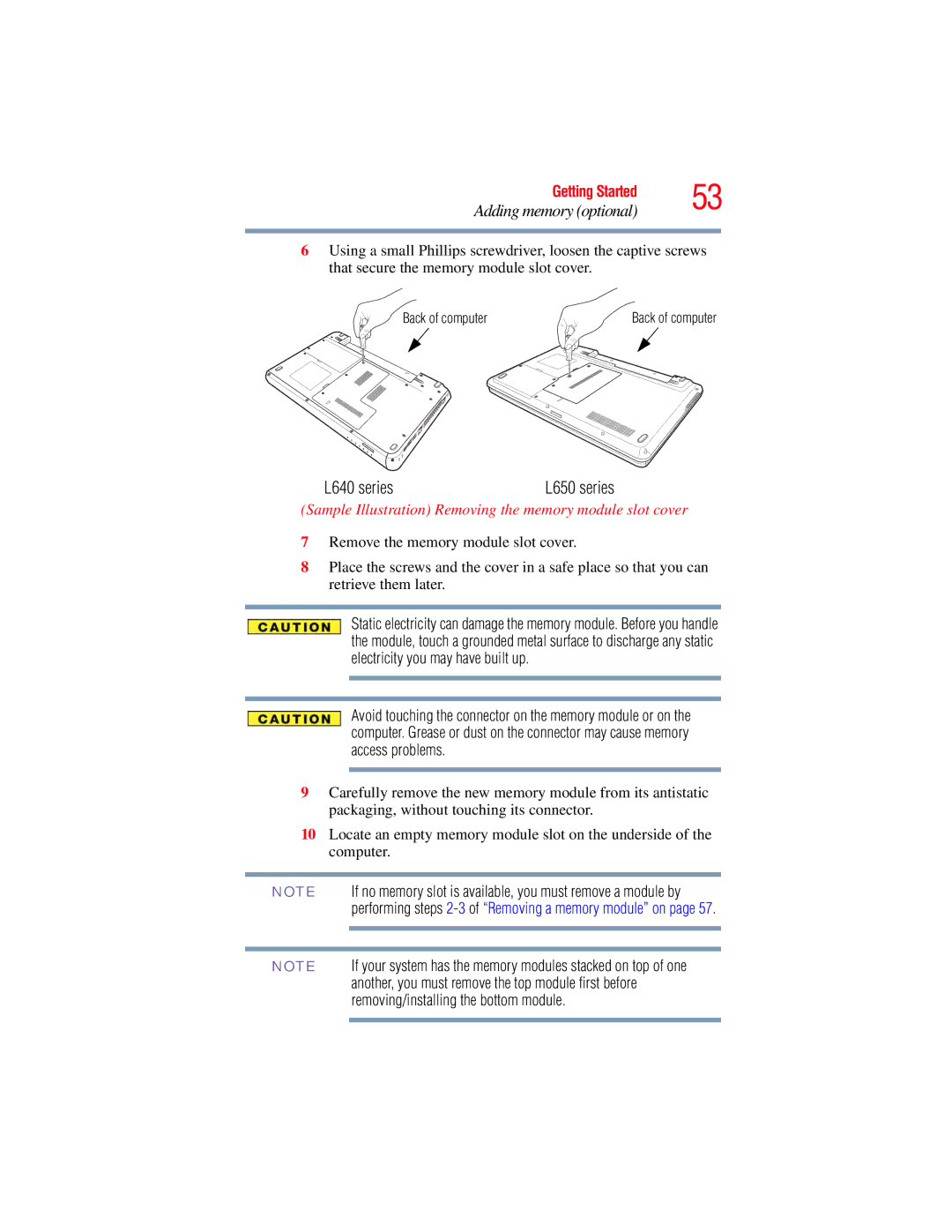 Toshiba L650, L640 manual Sample Illustration Removing the memory module slot cover 