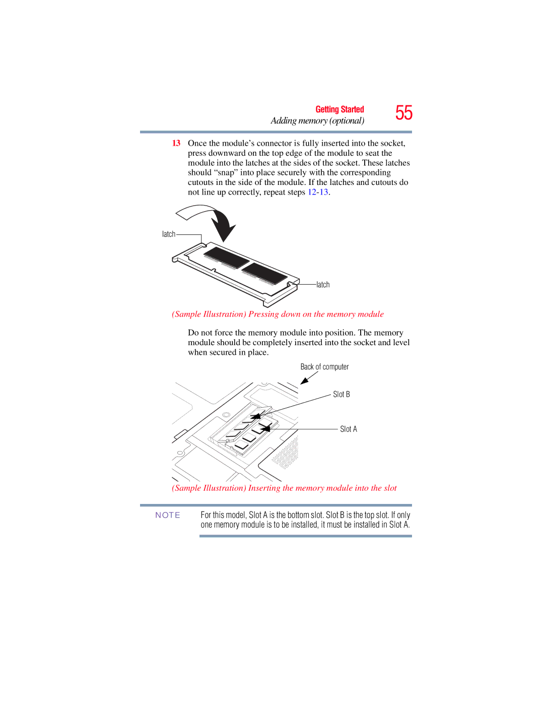 Toshiba L650, L640 manual Sample Illustration Pressing down on the memory module 