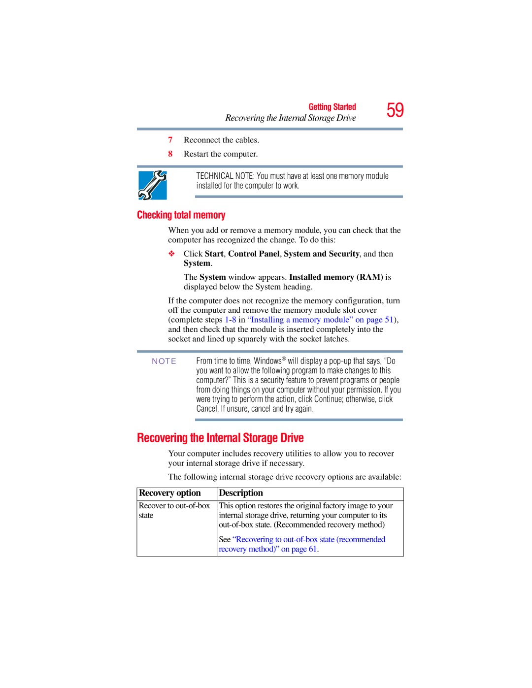 Toshiba L650, L640 manual Recovering the Internal Storage Drive, Checking total memory 