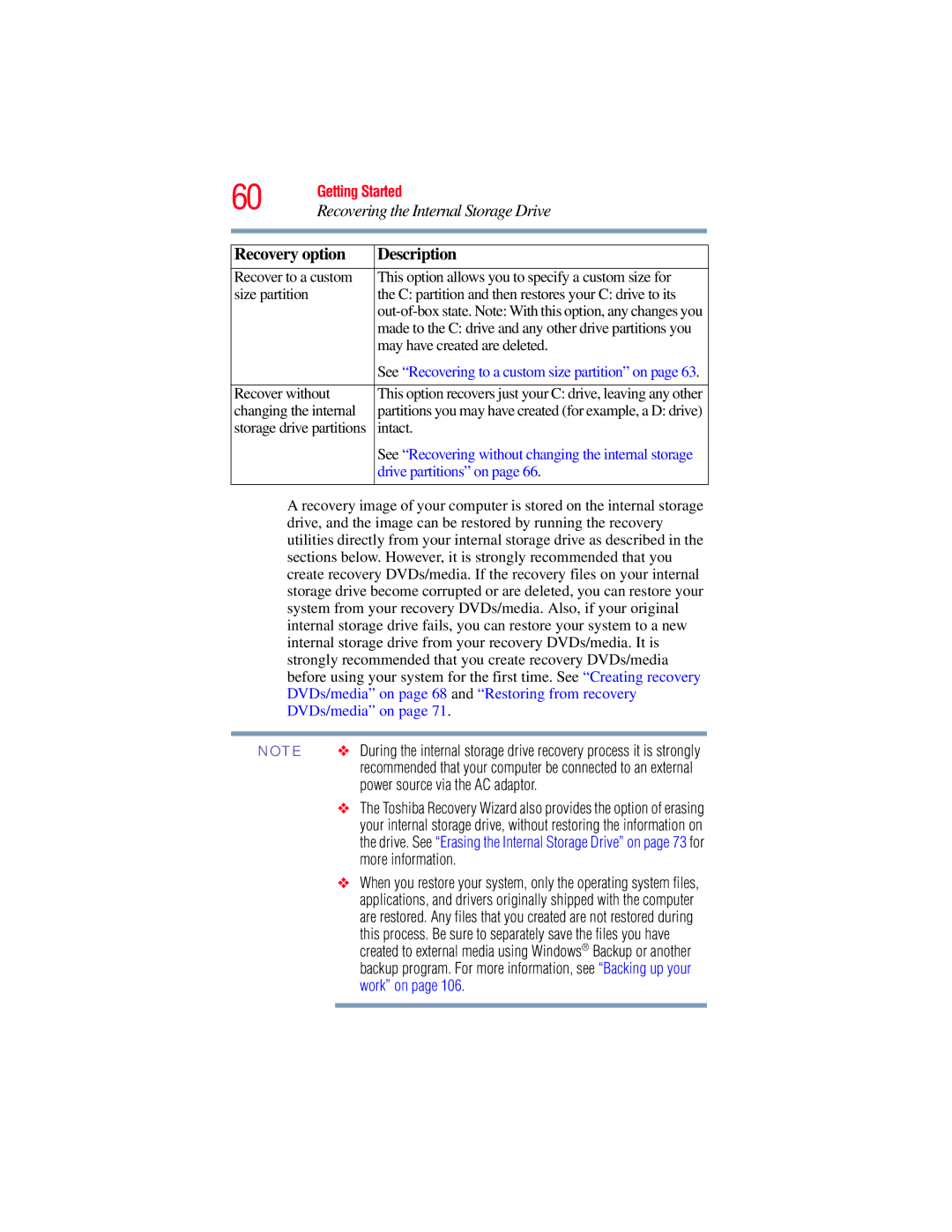 Toshiba L640, L650 manual Recovering the Internal Storage Drive 