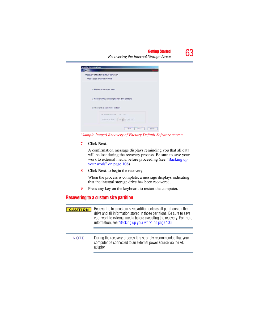 Toshiba L650, L640 manual Recovering to a custom size partition, Sample Image Recovery of Factory Default Software screen 