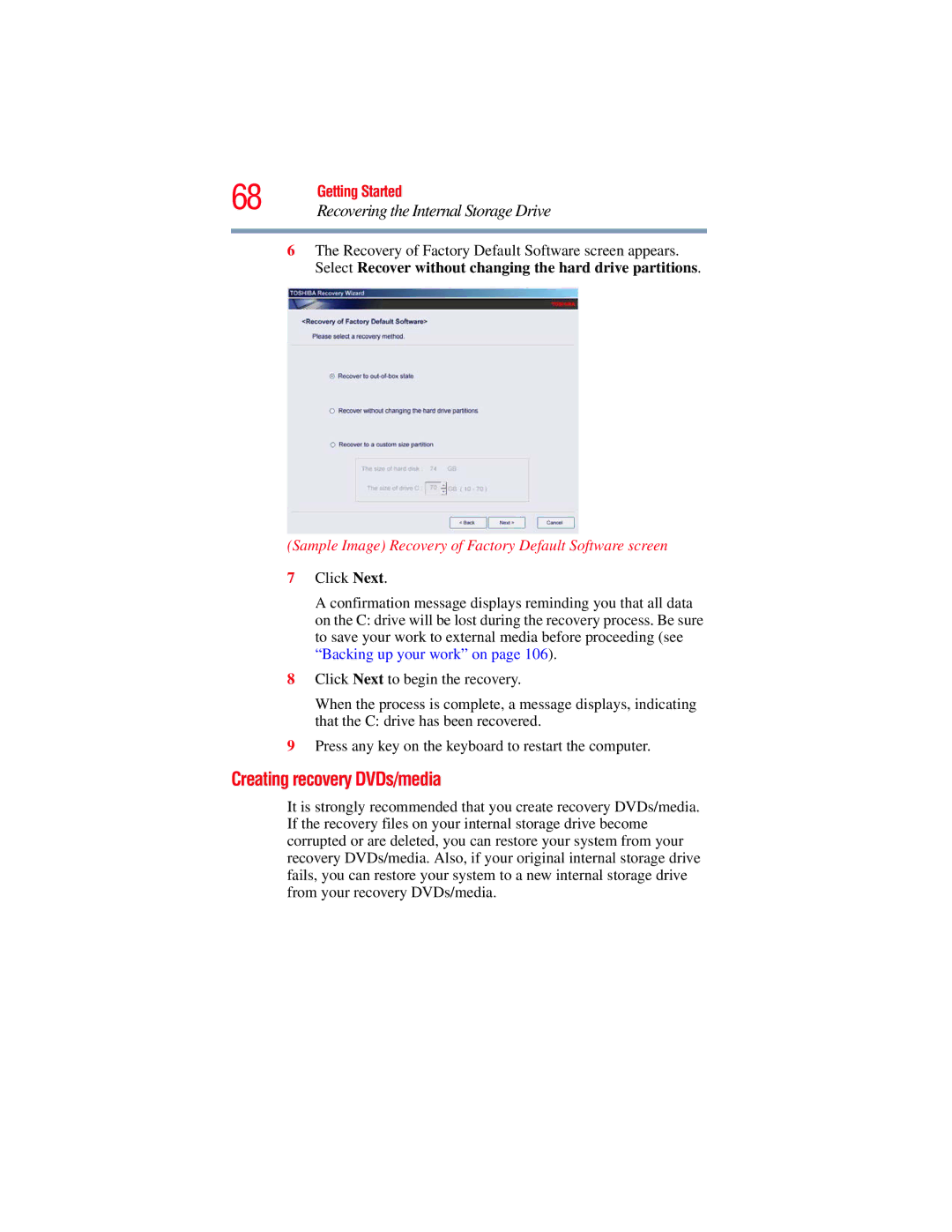 Toshiba L640, L650 manual Creating recovery DVDs/media, Sample Image Recovery of Factory Default Software screen 