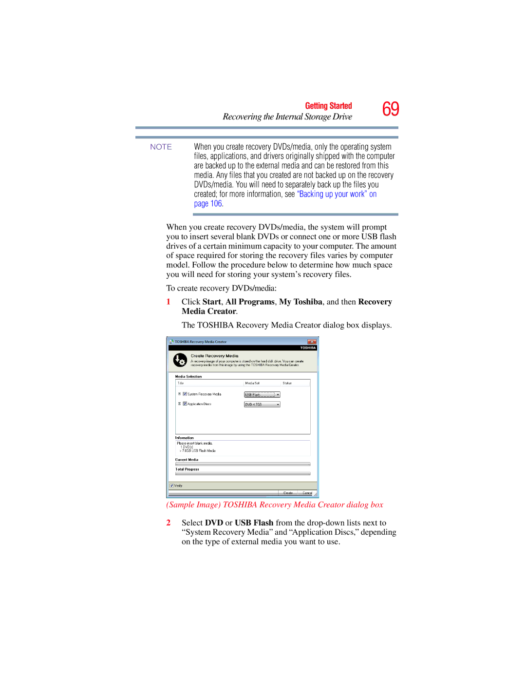 Toshiba L650, L640 manual Sample Image Toshiba Recovery Media Creator dialog box 