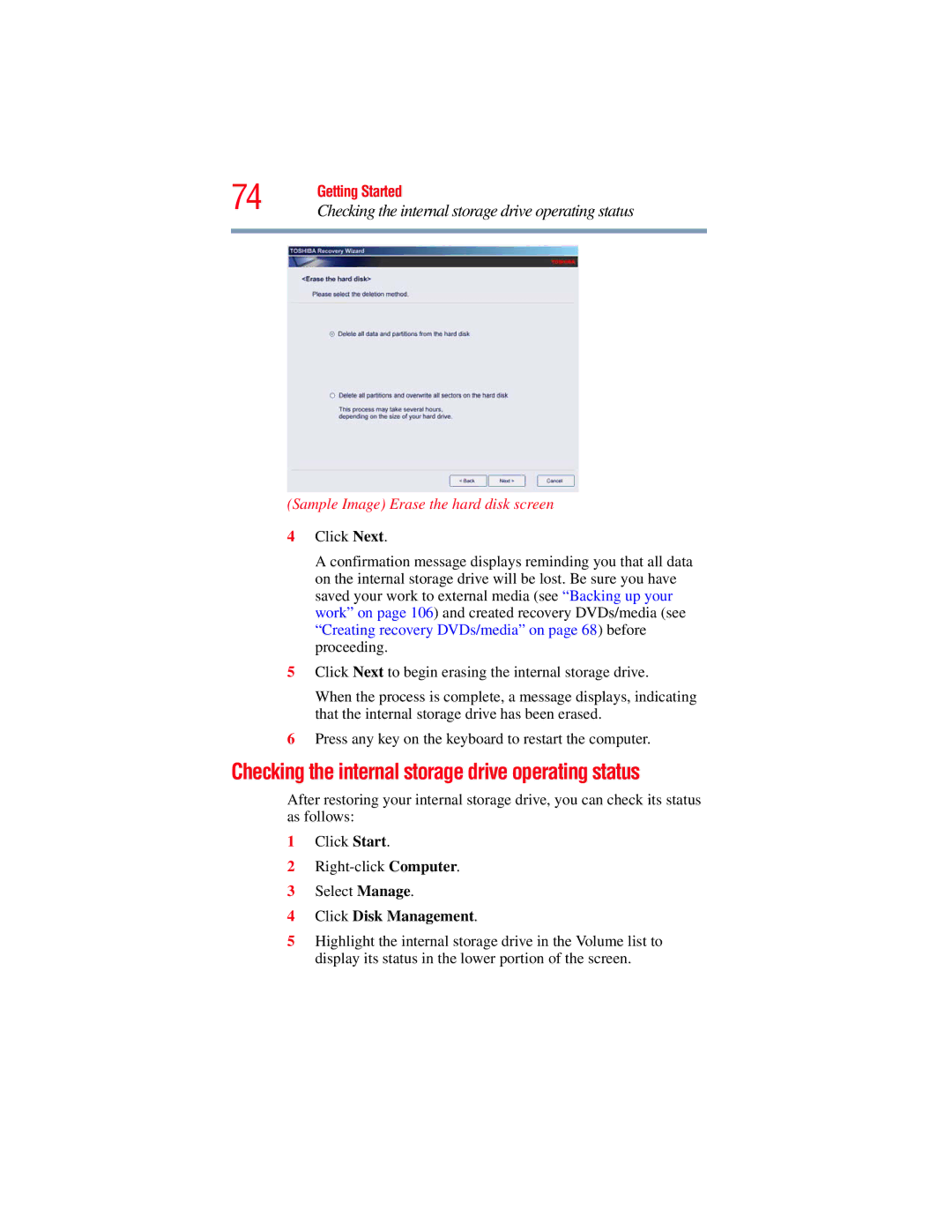 Toshiba L640, L650 manual Sample Image Erase the hard disk screen, Click Disk Management 