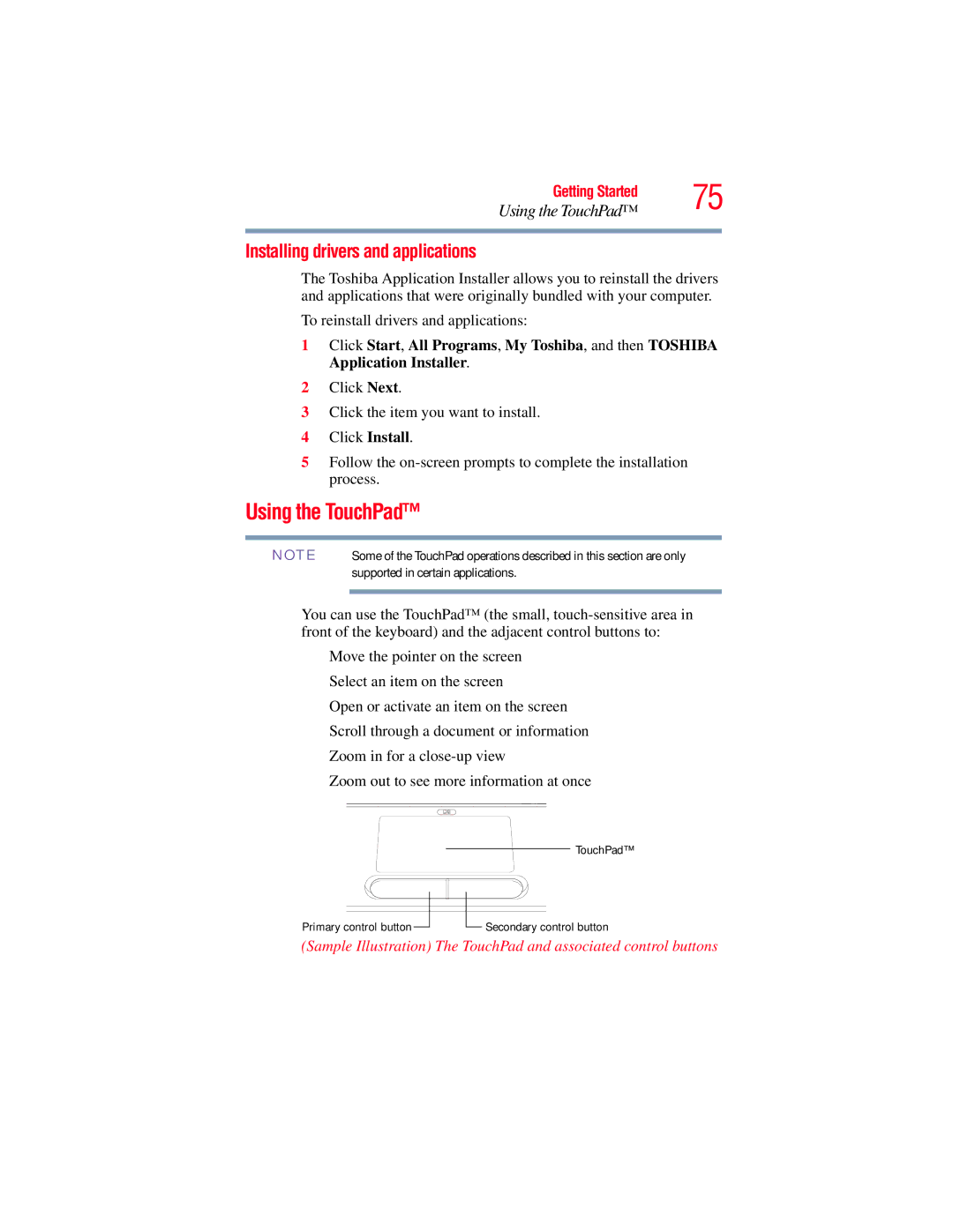 Toshiba L650, L640 manual Using the TouchPad, Installing drivers and applications 