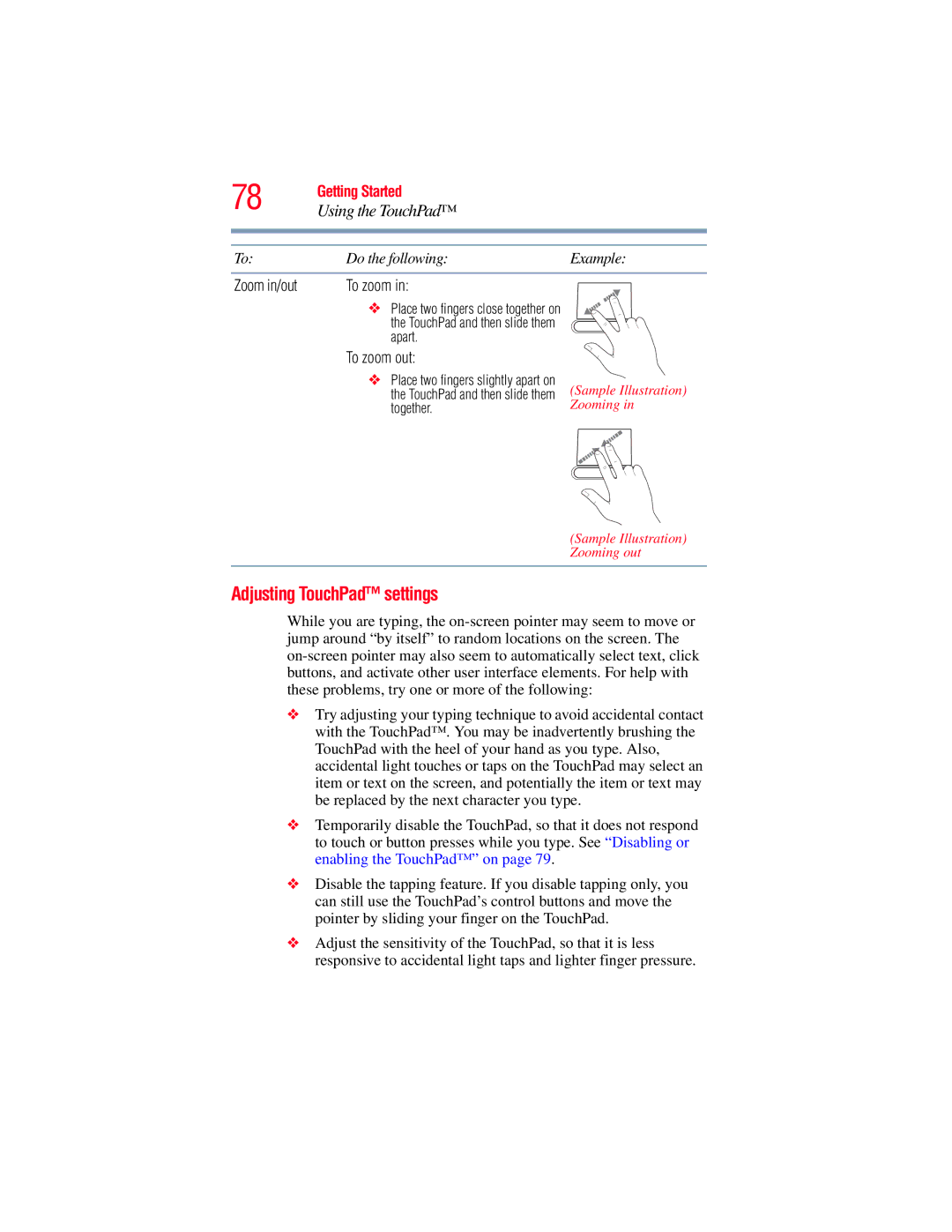 Toshiba L640, L650 manual Adjusting TouchPad settings, To zoom out 