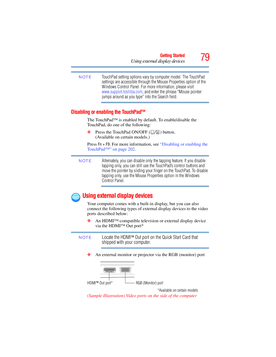 Toshiba L650, L640 manual Using external display devices, Disabling or enabling the TouchPad 