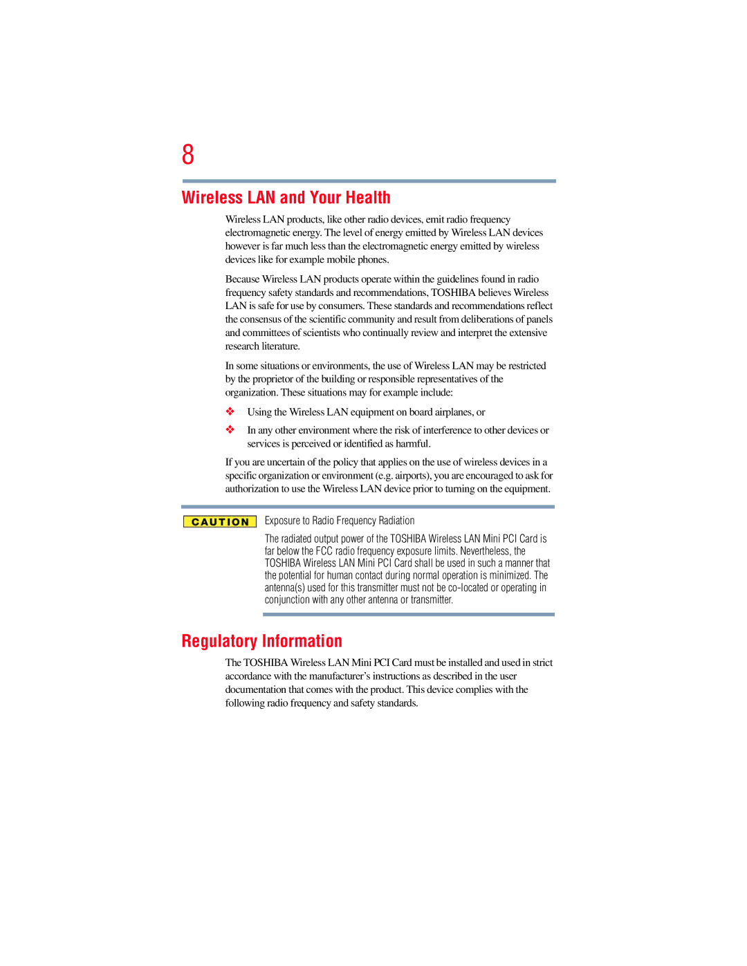 Toshiba L640, L650 manual Wireless LAN and Your Health, Regulatory Information 