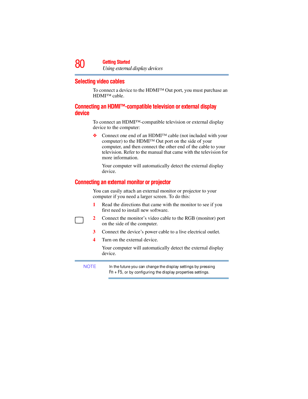 Toshiba L640, L650 manual Selecting video cables, Connecting an external monitor or projector 