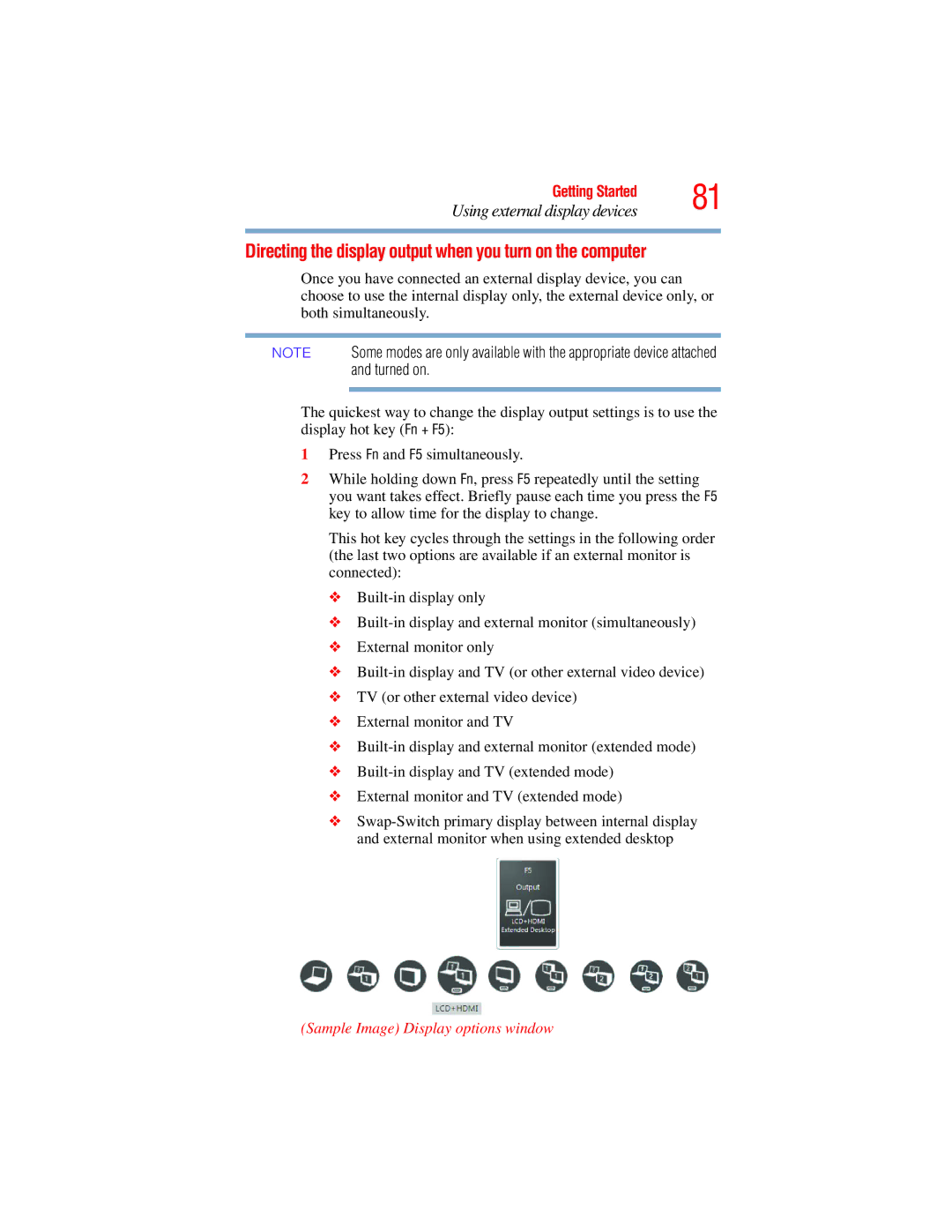 Toshiba L650, L640 manual Directing the display output when you turn on the computer, Sample Image Display options window 