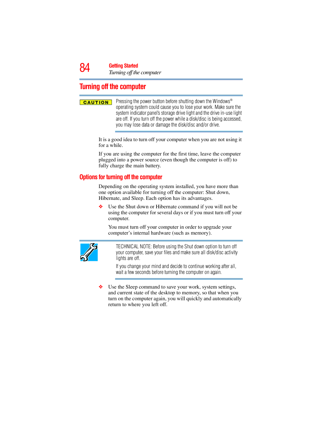 Toshiba L640, L650 manual Turning off the computer, Options for turning off the computer 