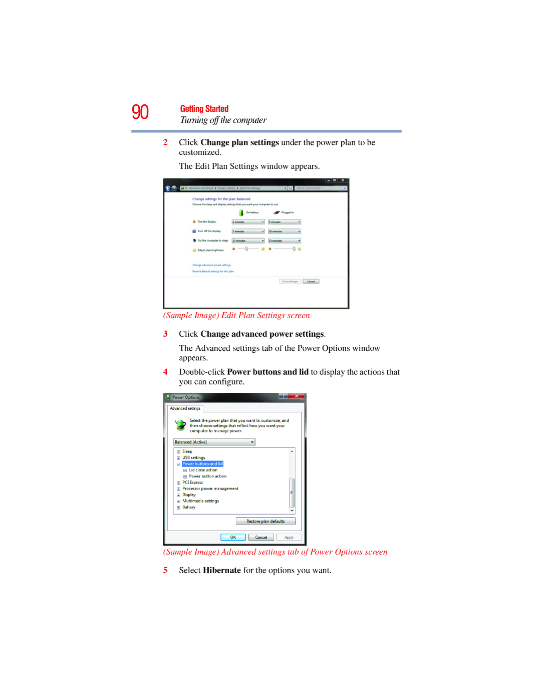 Toshiba L640, L650 manual Select Hibernate for the options you want 