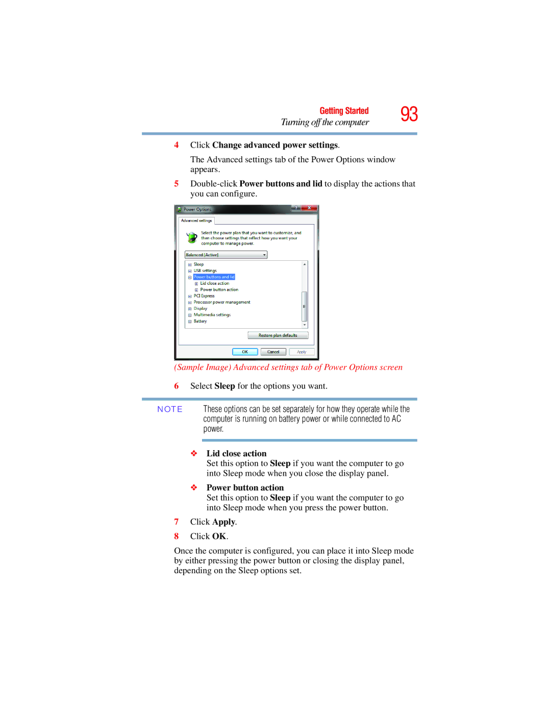 Toshiba L650, L640 manual Select Sleep for the options you want 