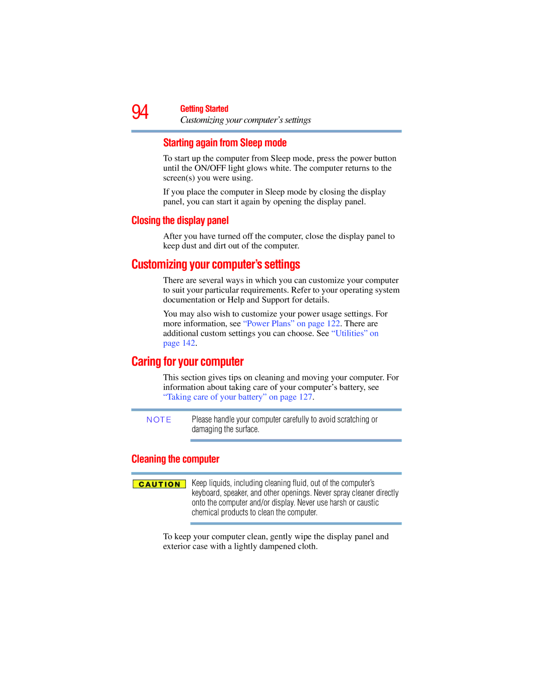 Toshiba L640, L650 manual Customizing your computer’s settings, Caring for your computer, Starting again from Sleep mode 