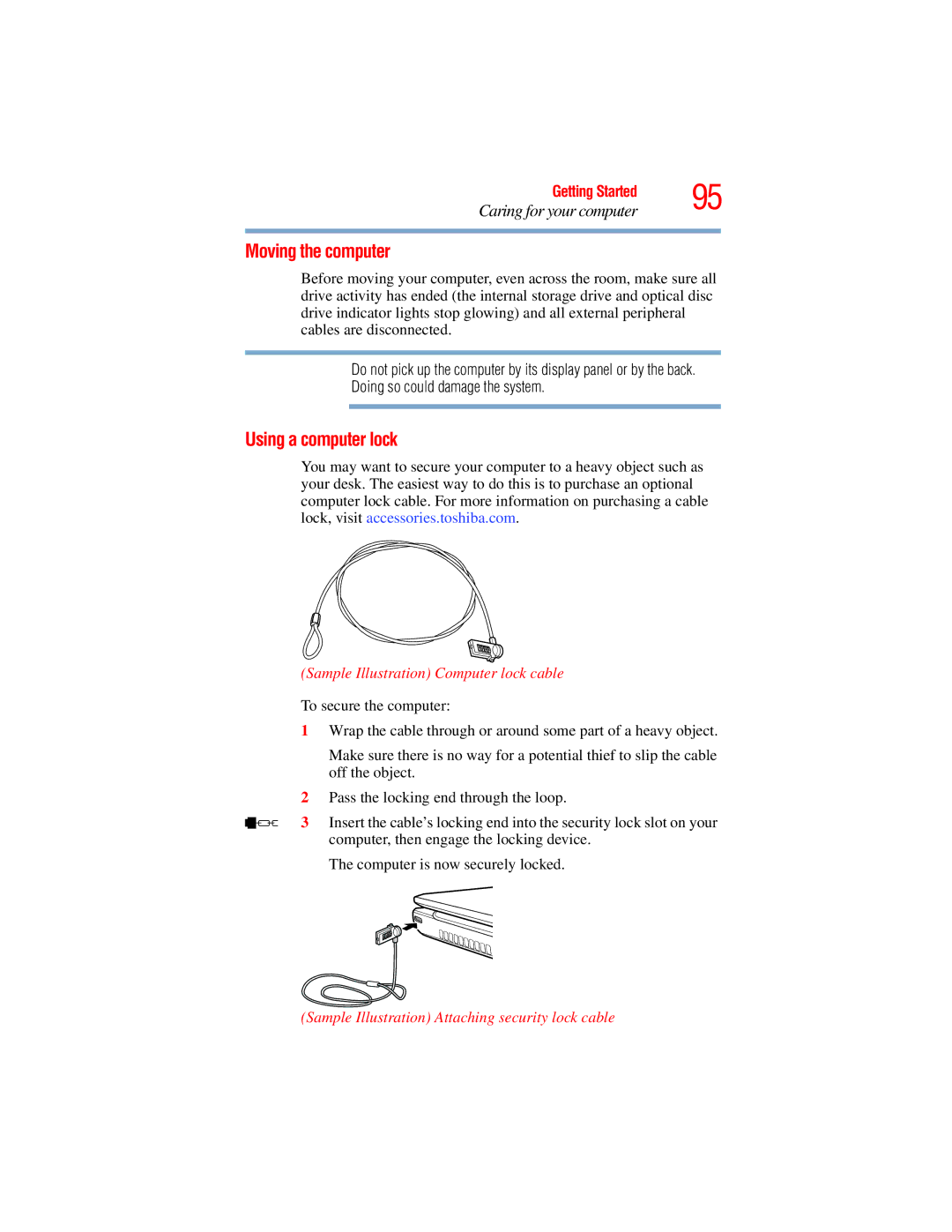 Toshiba L650, L640 manual Moving the computer, Using a computer lock, Sample Illustration Computer lock cable 