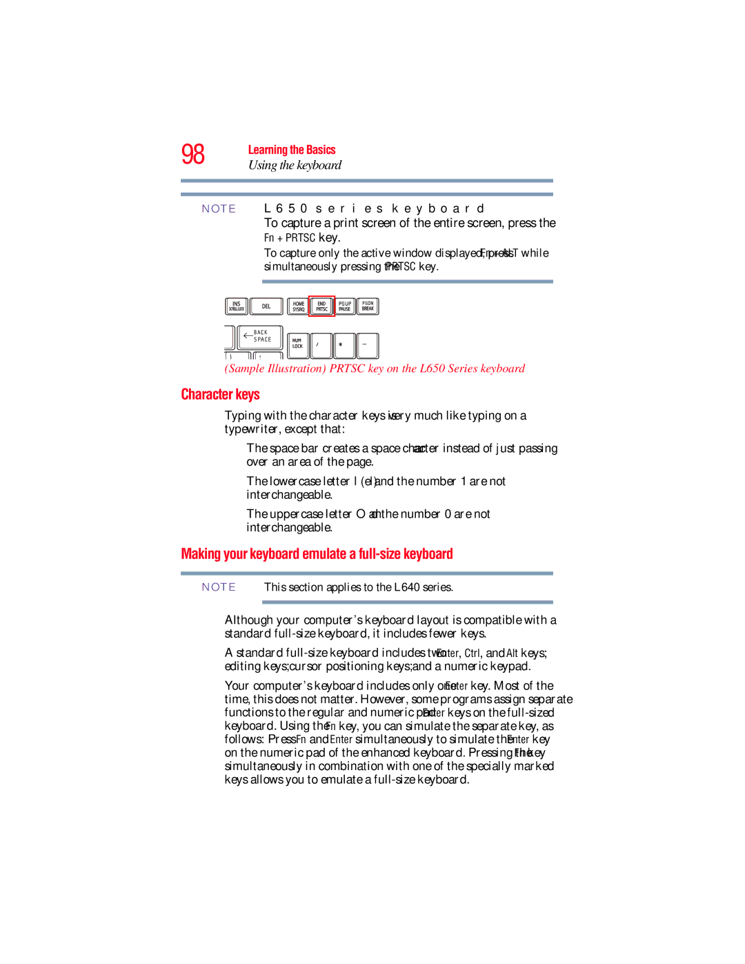 Toshiba L640, L650 manual Character keys, Making your keyboard emulate a full-size keyboard, Using the keyboard 