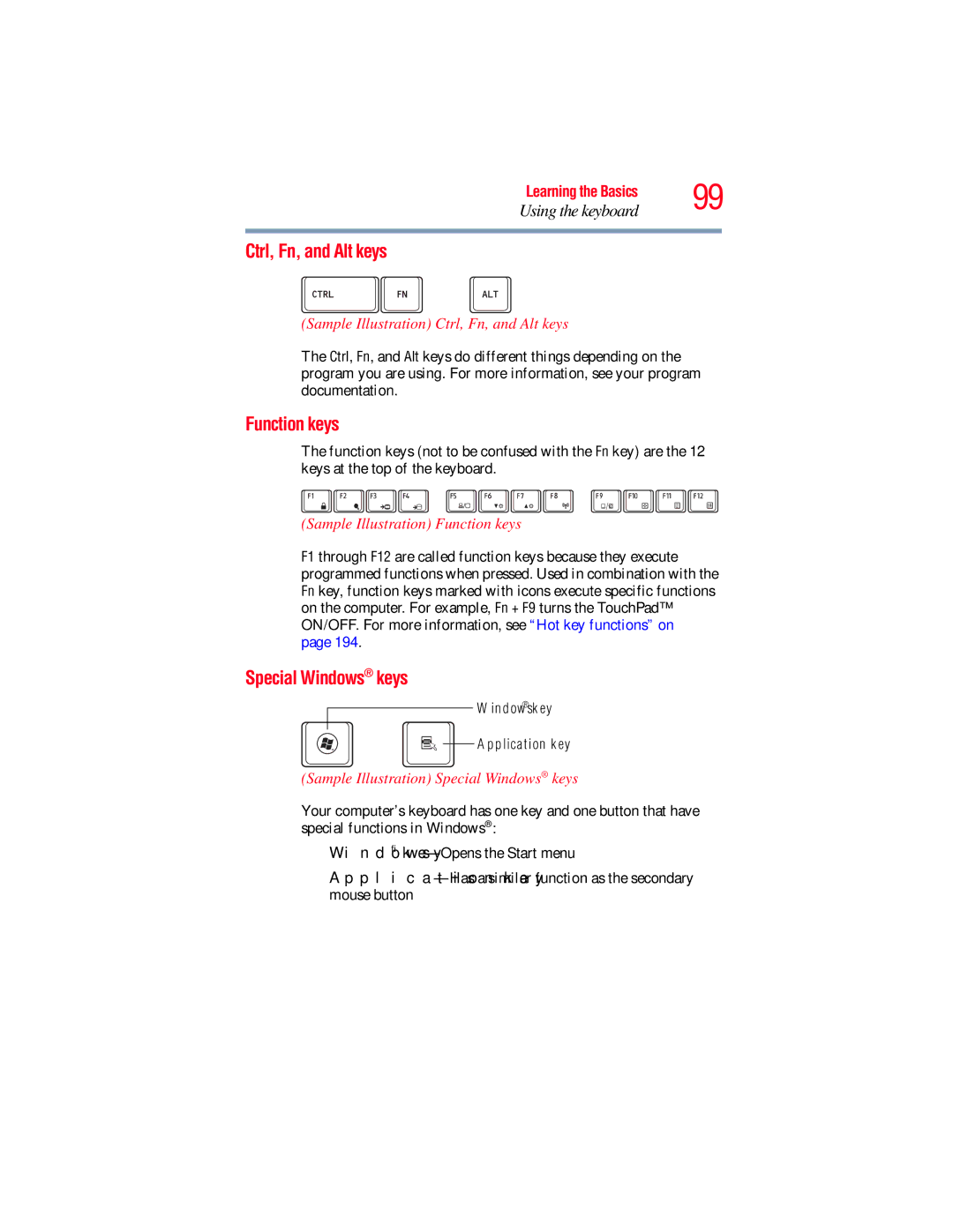 Toshiba L650, L640 manual Ctrl, Fn, and Alt keys, Function keys, Special Windows keys 