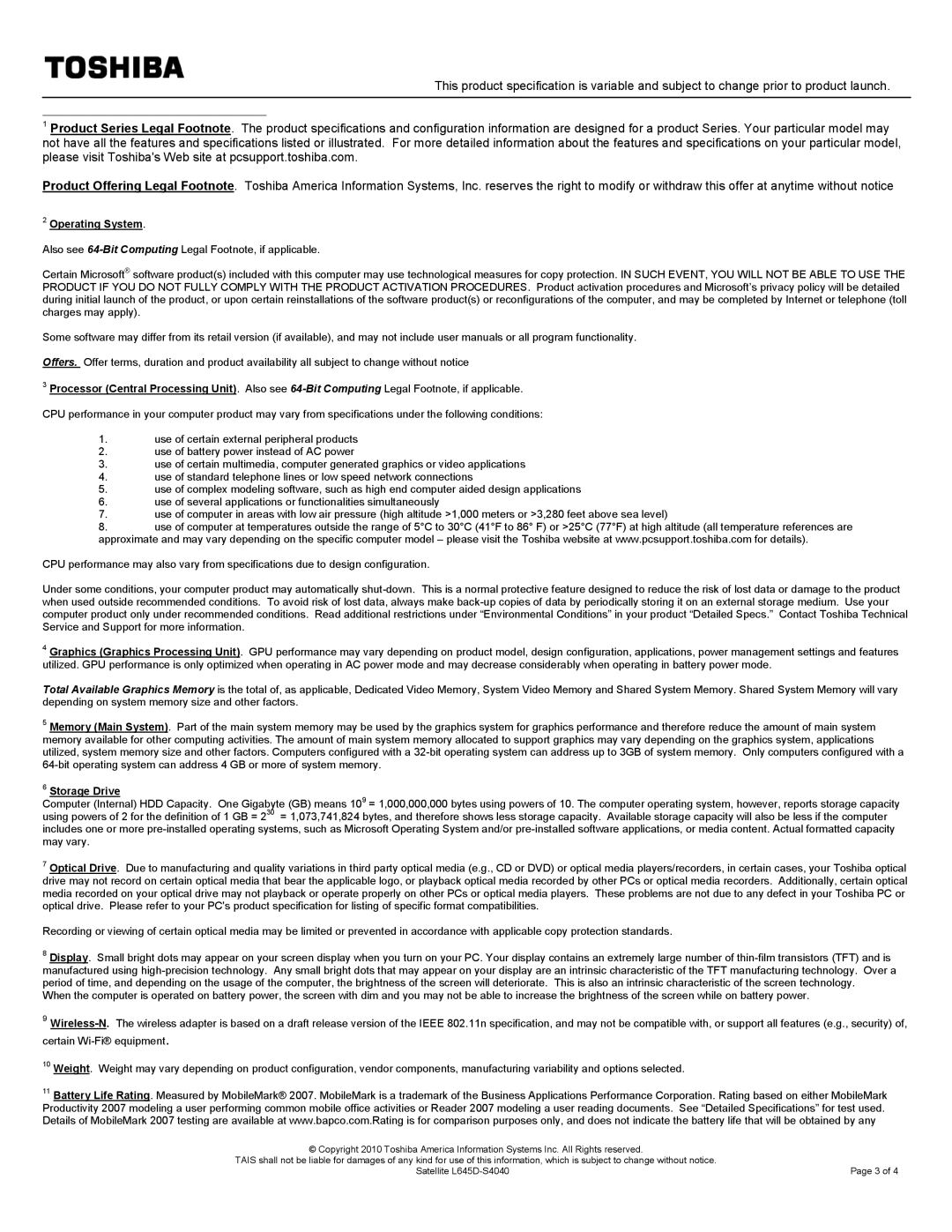 Toshiba L645D specifications Operating System 