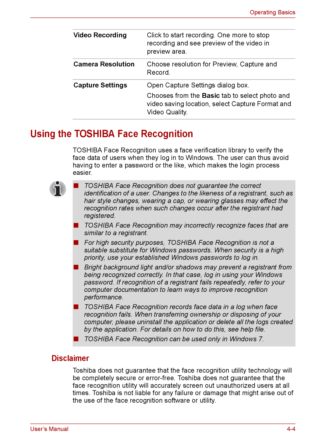 Toshiba Pro L670D, L675D user manual Using the Toshiba Face Recognition, Disclaimer 