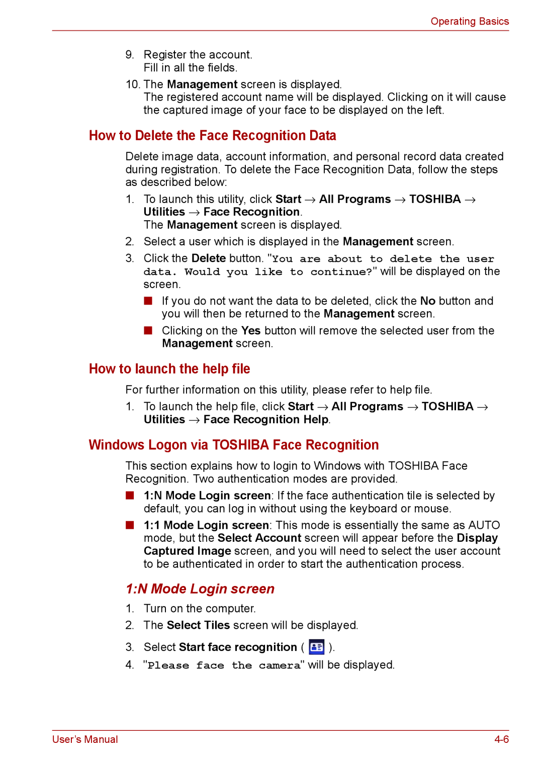 Toshiba L675, Pro L670D How to Delete the Face Recognition Data, How to launch the help file, 1N Mode Login screen 