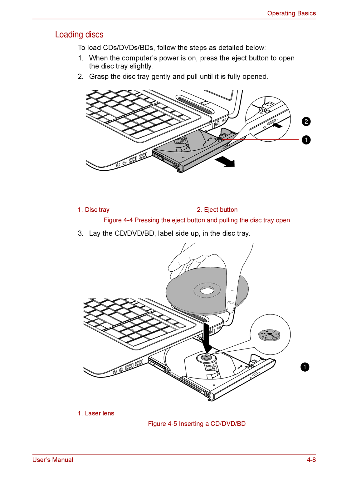 Toshiba Pro L670D, L675D user manual Loading discs, Pressing the eject button and pulling the disc tray open 