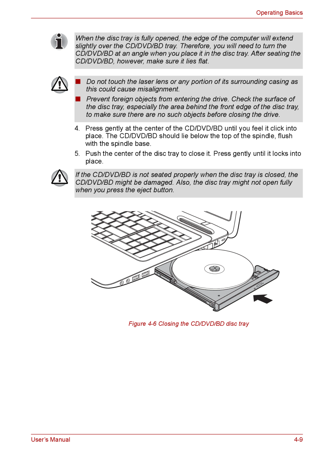 Toshiba Pro L670D, L675D user manual Closing the CD/DVD/BD disc tray 