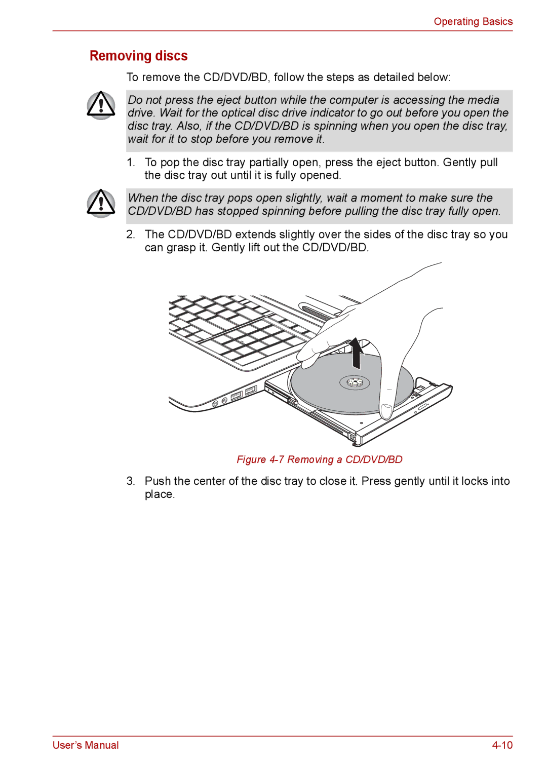 Toshiba Pro L670D, L675D user manual Removing discs, Removing a CD/DVD/BD 