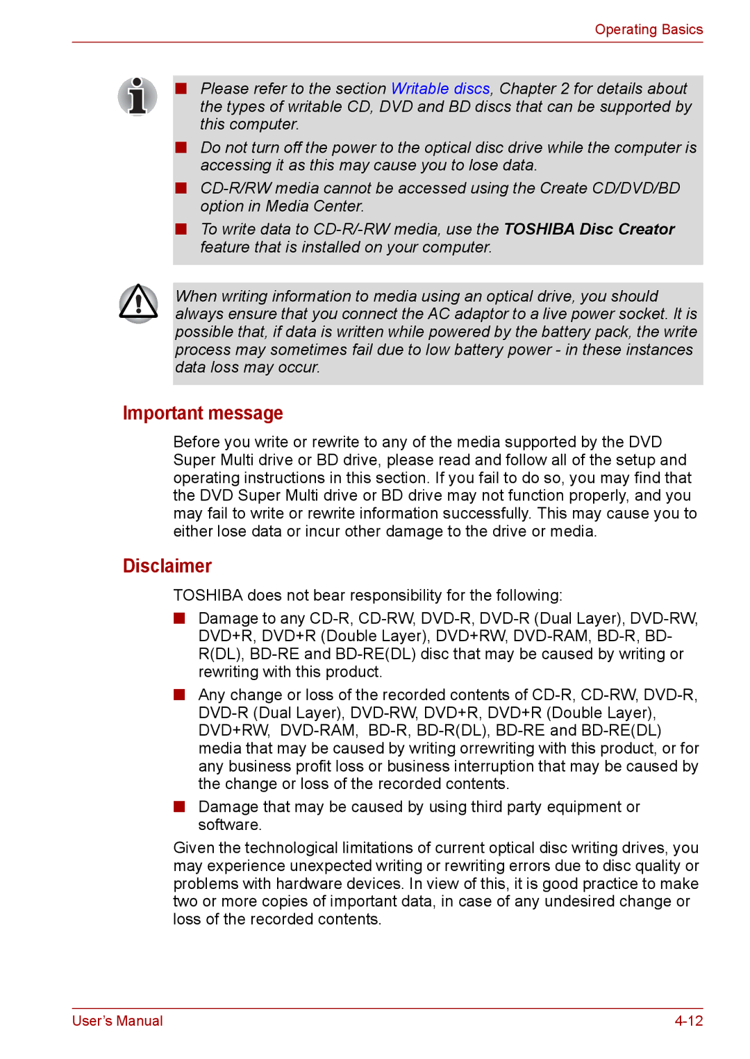 Toshiba Pro L670D, L675D user manual Important message, Disclaimer 