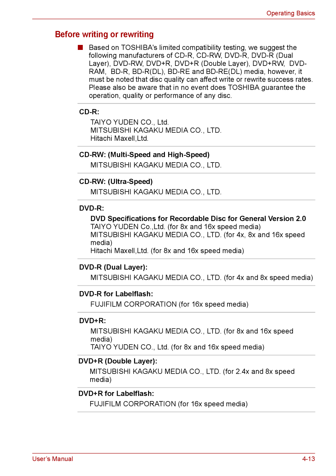 Toshiba Pro L670D, L675D user manual Before writing or rewriting, CD-RW Multi-Speed and High-Speed CD-RW Ultra-Speed 