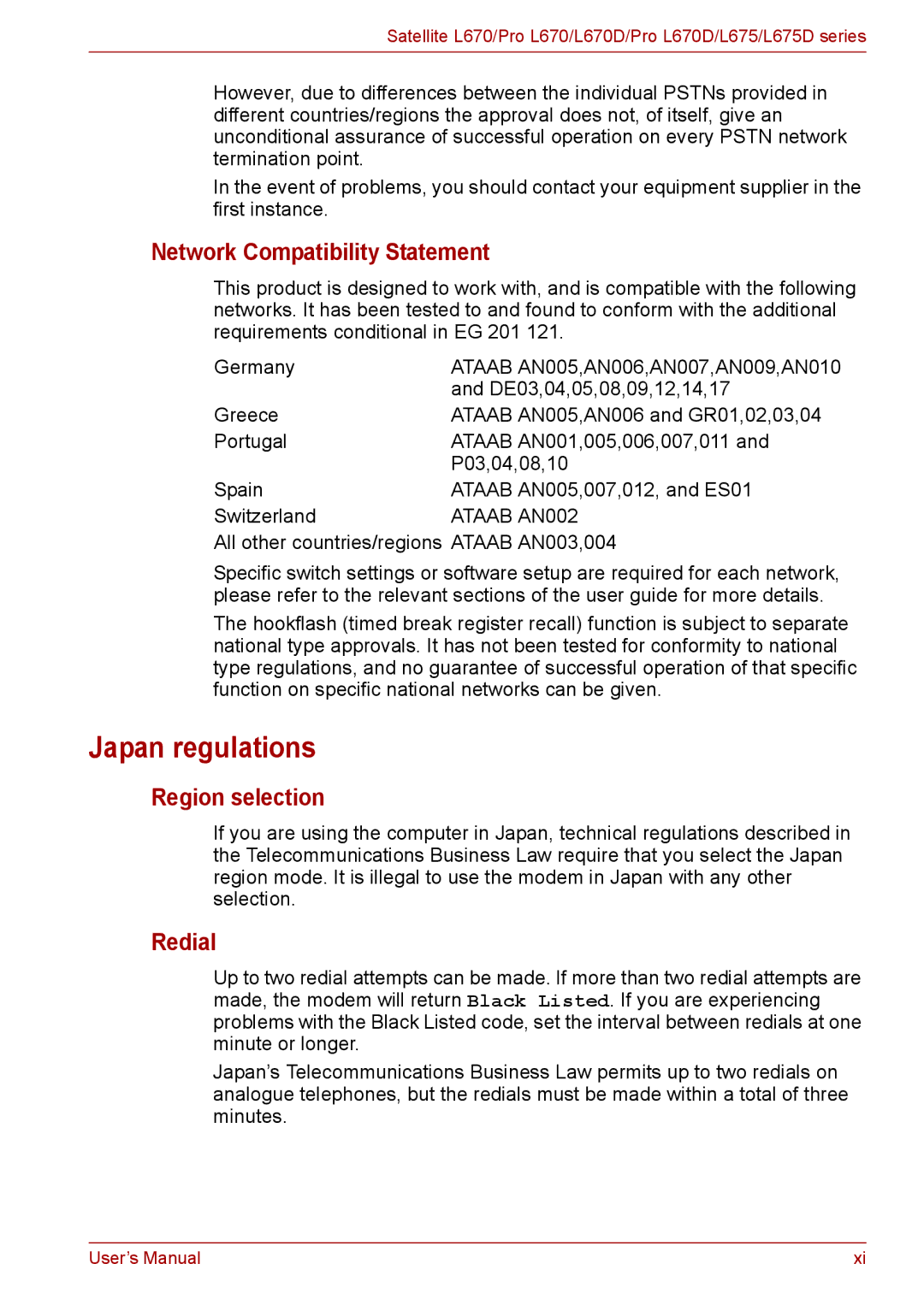 Toshiba L675D, Pro L670D user manual Japan regulations, Network Compatibility Statement, Region selection, Redial 