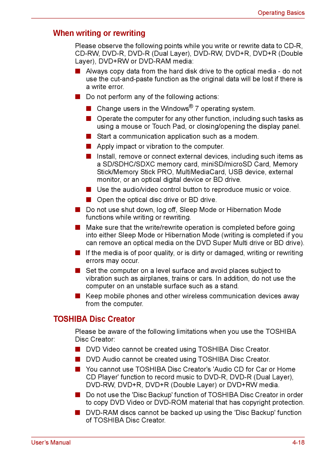 Toshiba Pro L670D, L675D user manual When writing or rewriting, Toshiba Disc Creator 