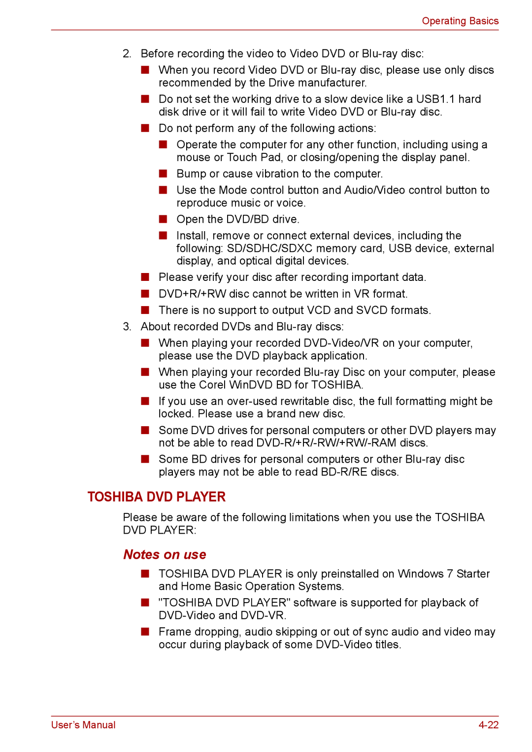 Toshiba Pro L670D, L675D user manual Toshiba DVD Player 