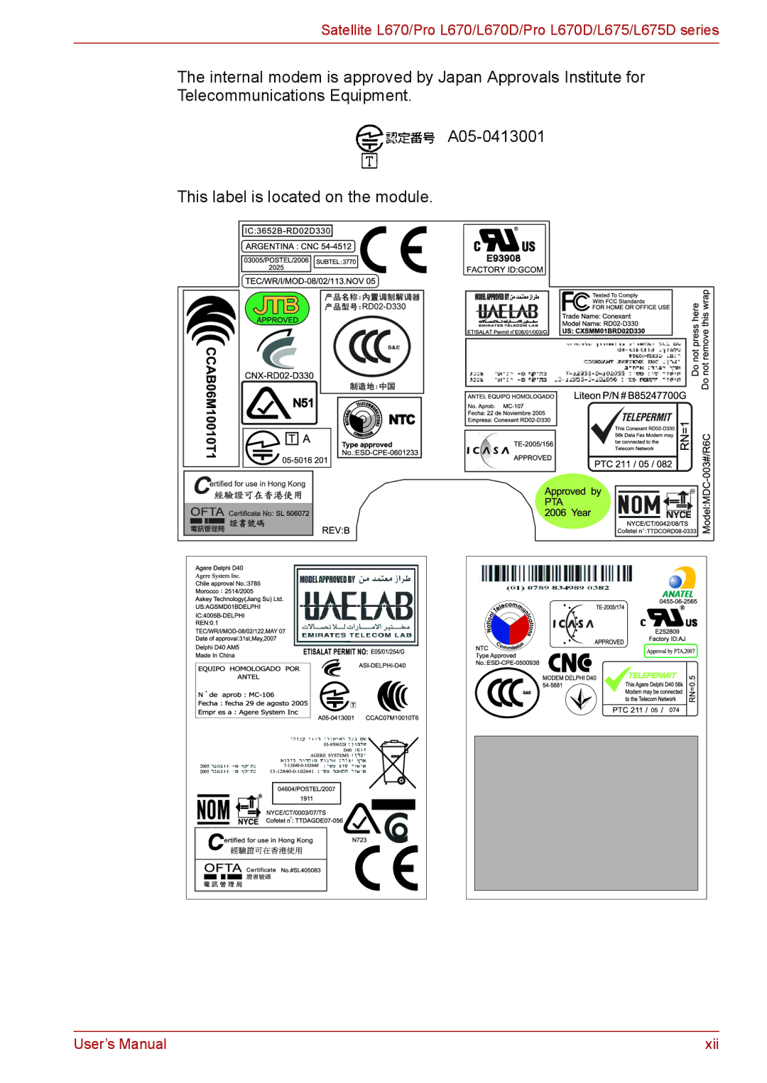 Toshiba Pro L670D, L675D user manual User’s Manual Xii 