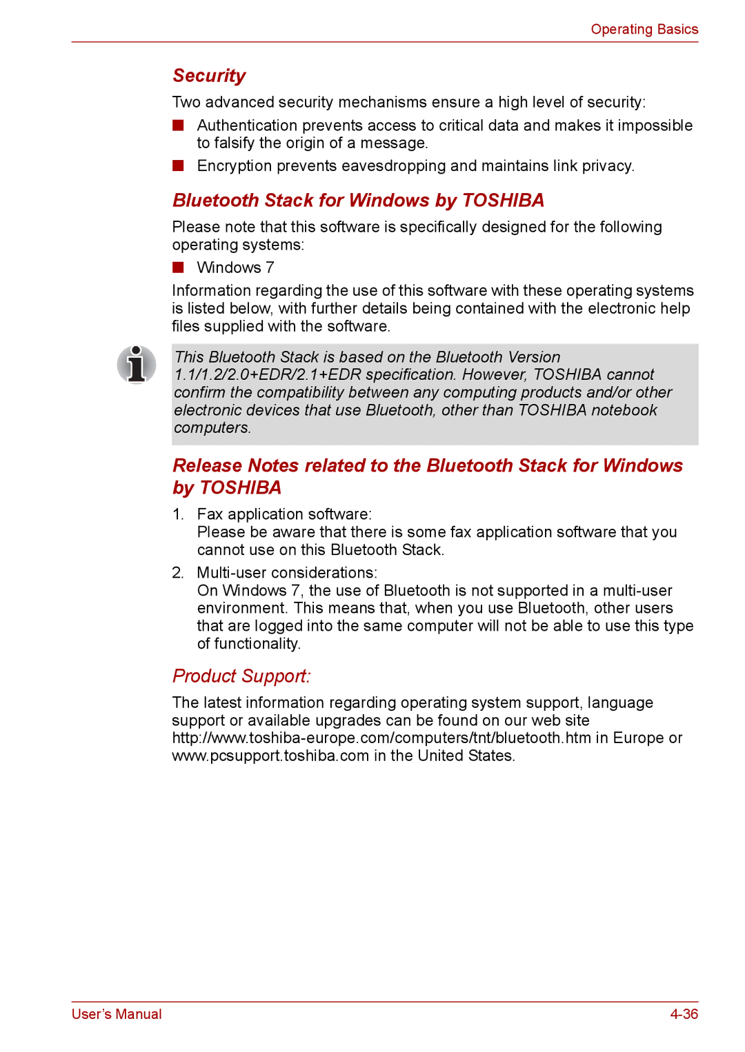 Toshiba Pro L670D, L675D user manual Bluetooth Stack for Windows by Toshiba 