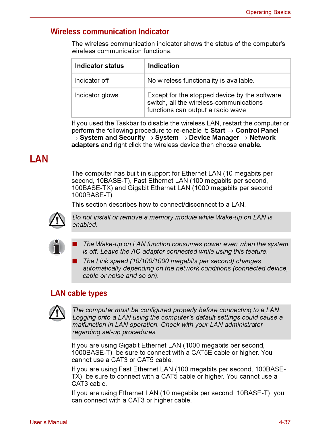 Toshiba Pro L670D, L675D user manual Wireless communication Indicator, LAN cable types, Indicator status Indication 