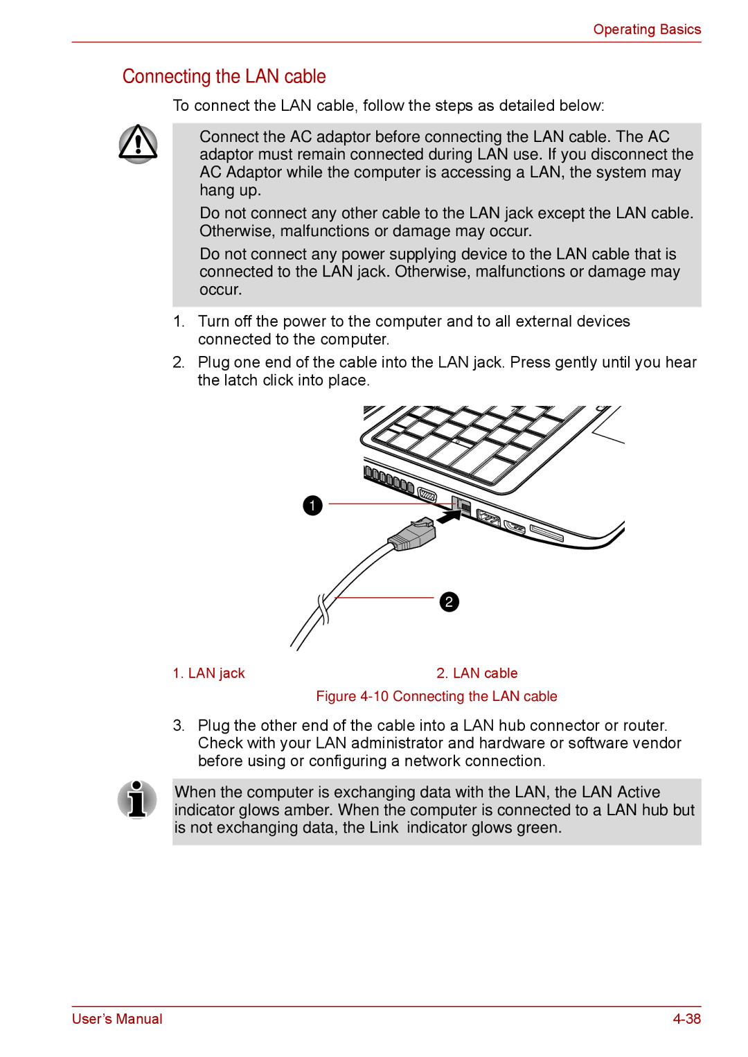 Toshiba Pro L670D, L675D user manual Connecting the LAN cable 