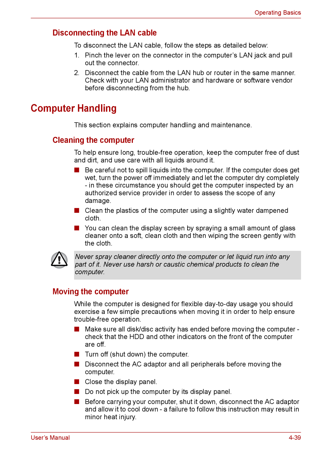 Toshiba Pro L670, L675, L670D Computer Handling, Disconnecting the LAN cable, Cleaning the computer, Moving the computer 