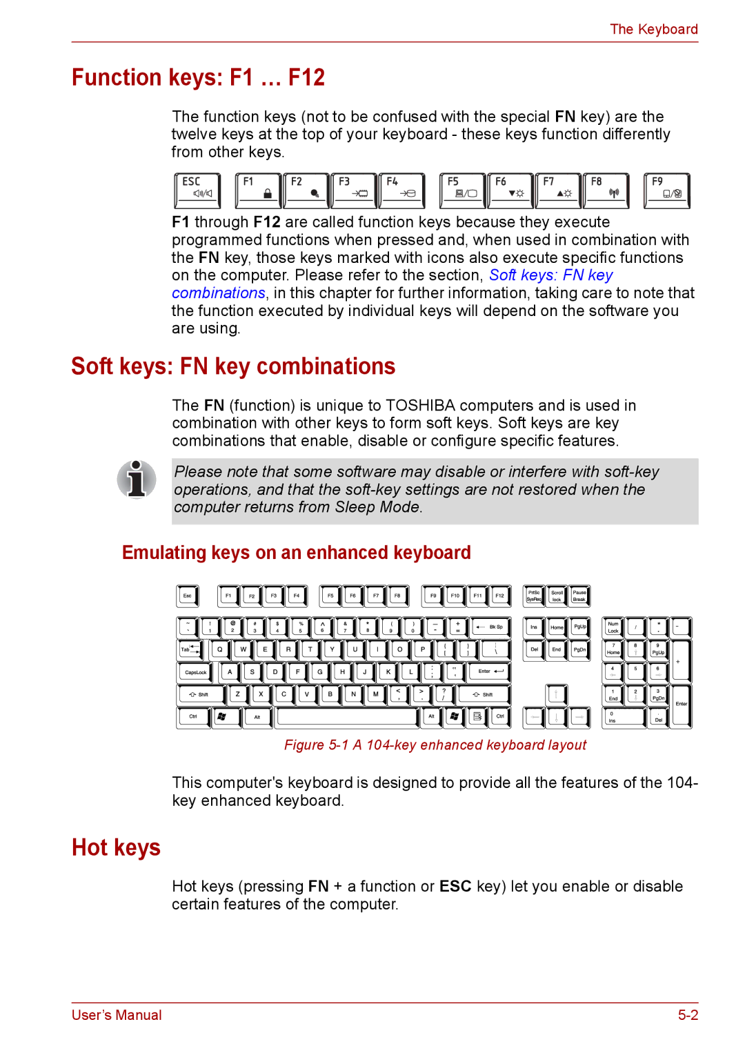 Toshiba L675, L670 Function keys F1 … F12, Soft keys FN key combinations, Hot keys, Emulating keys on an enhanced keyboard 