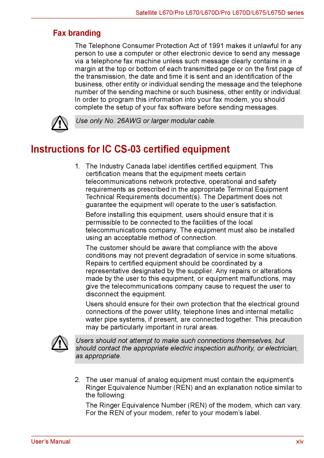 Toshiba Pro L670D, L675D user manual Instructions for IC CS-03 certified equipment, Fax branding 