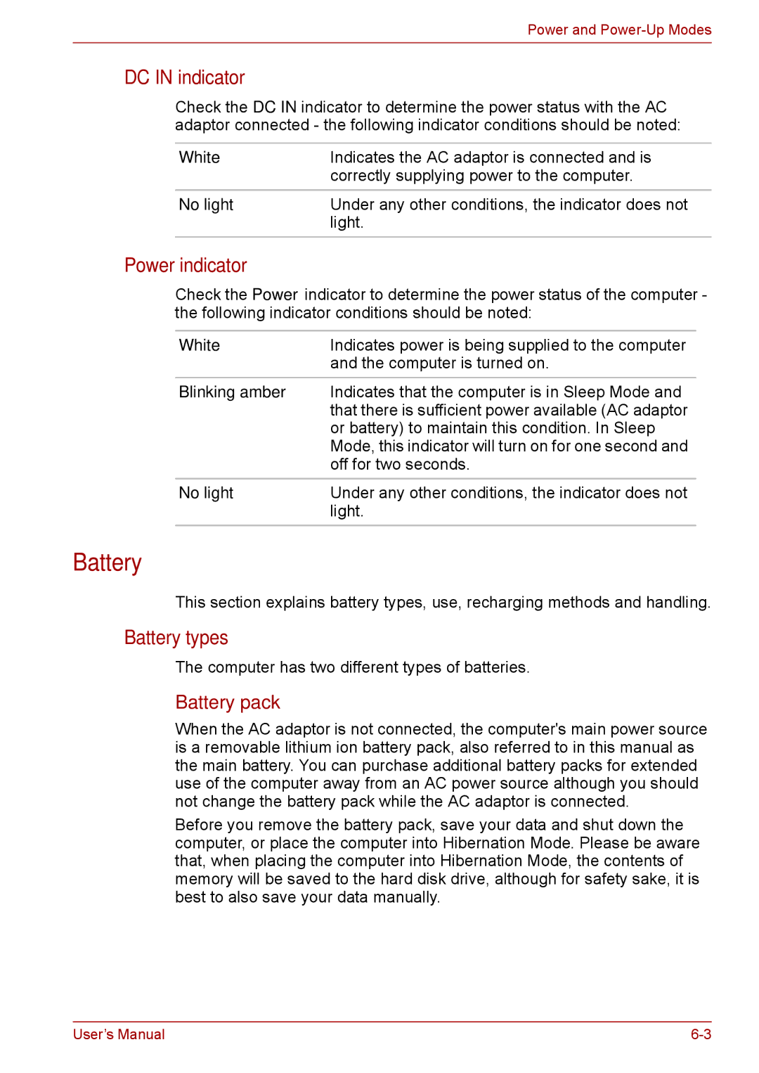 Toshiba Pro L670D, L675D user manual DC in indicator, Power indicator, Battery types, Battery pack 